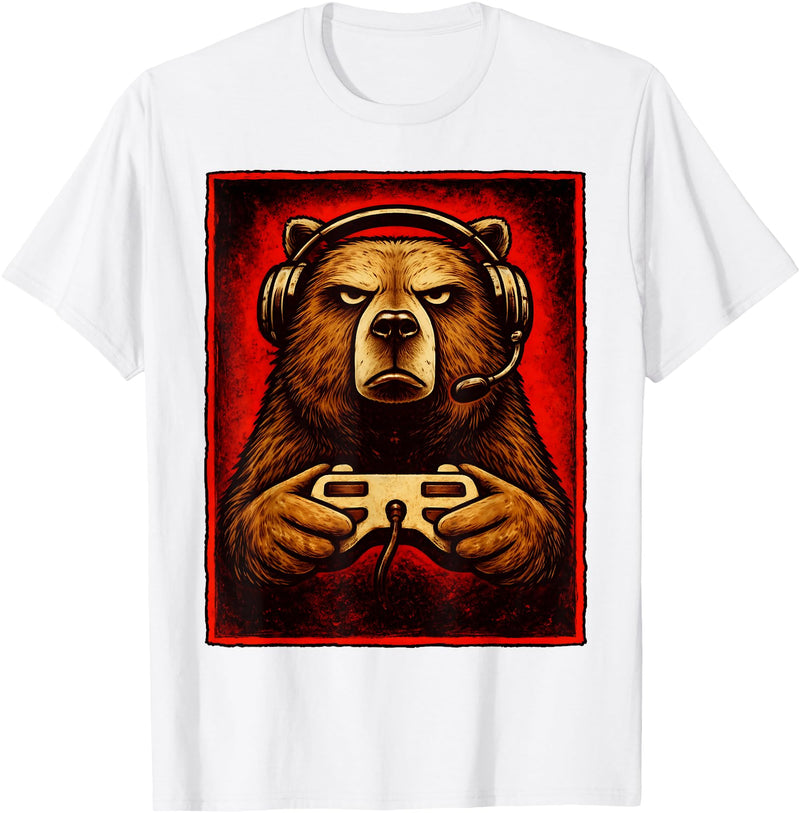 Funny Gaming Bear Gamer Graphic Gamer Bear Graphic Funny Gaming Animal Grizzly Bear Costume T-Shirt - White
