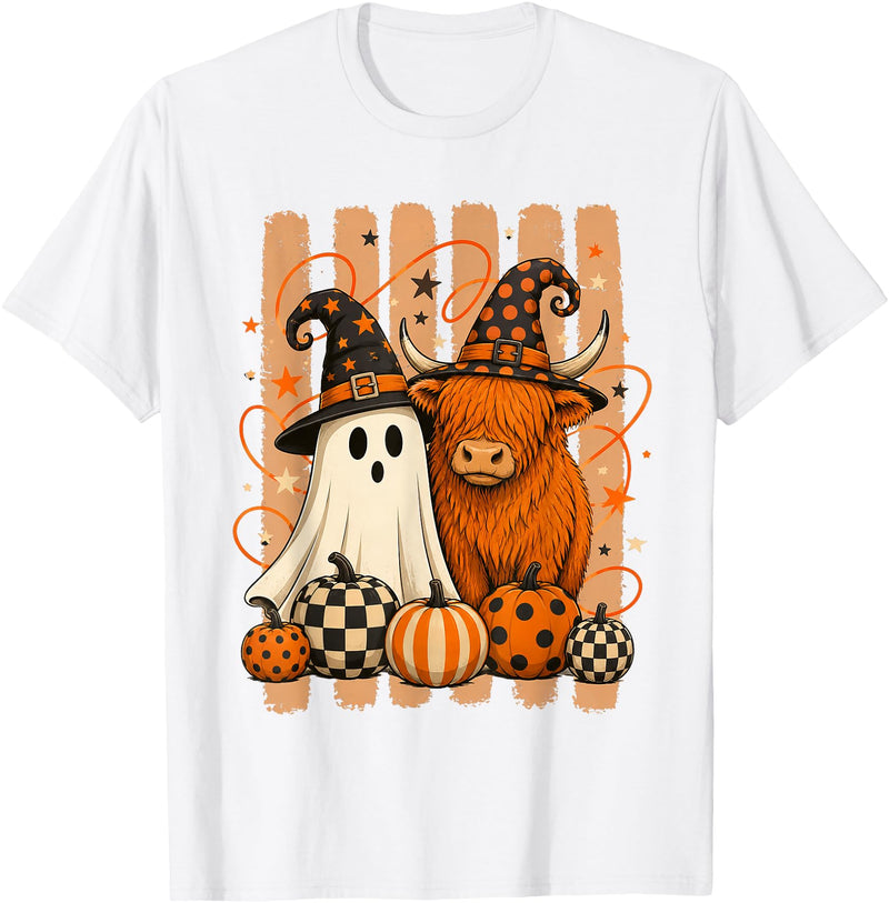 Spooky Highland Cow Heifer Funny Halloween Spooky Season T-Shirt - White