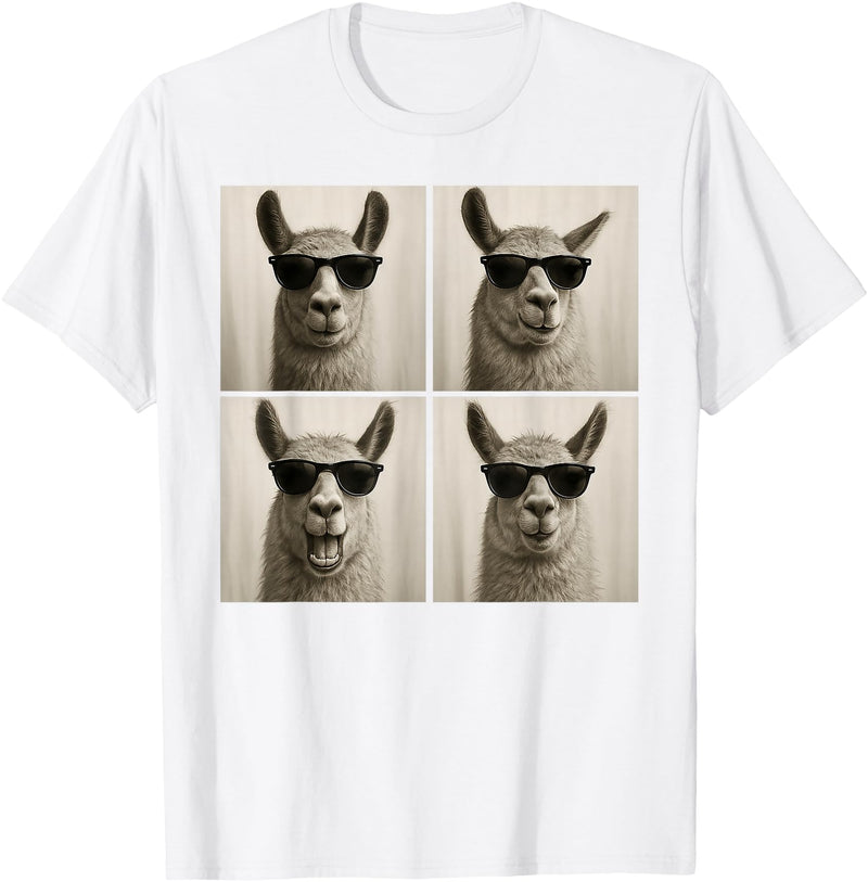 Retro Llama Portrait with Sunglasses Funny Llama Lover Cute Llama Photo Booth T-Shirt - White