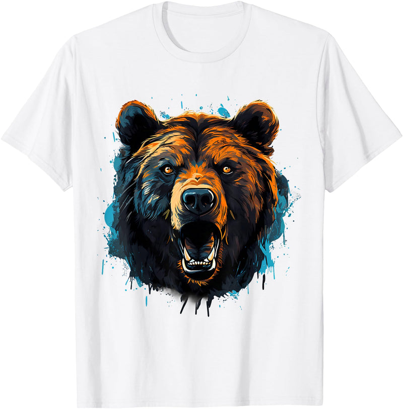 Forest Animal Art Bear Portrait Splash Forest Artwork Animal Lovers Motif T-Shirt - White