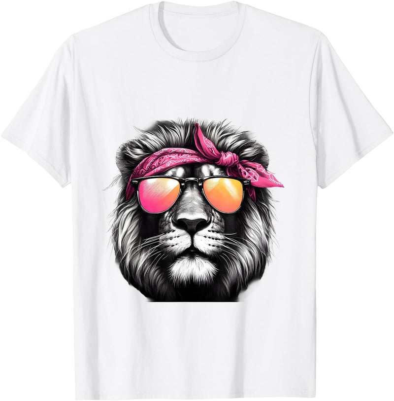 Fashionable Animals Wearing Pink Bandanas Lion Wearing a Pink Bandana Headband and Sunglasses T-Shirt - White