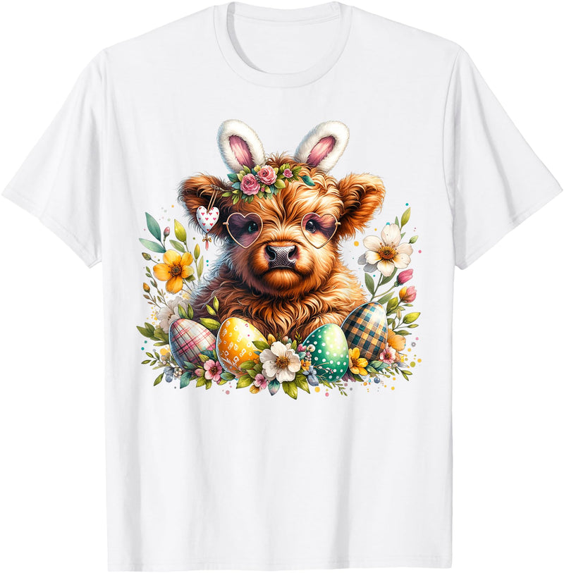 Highland Cow Land of NYC Highland Cow Easter Bunny Moo Basket Egg Floral Women Girls T-Shirt - White