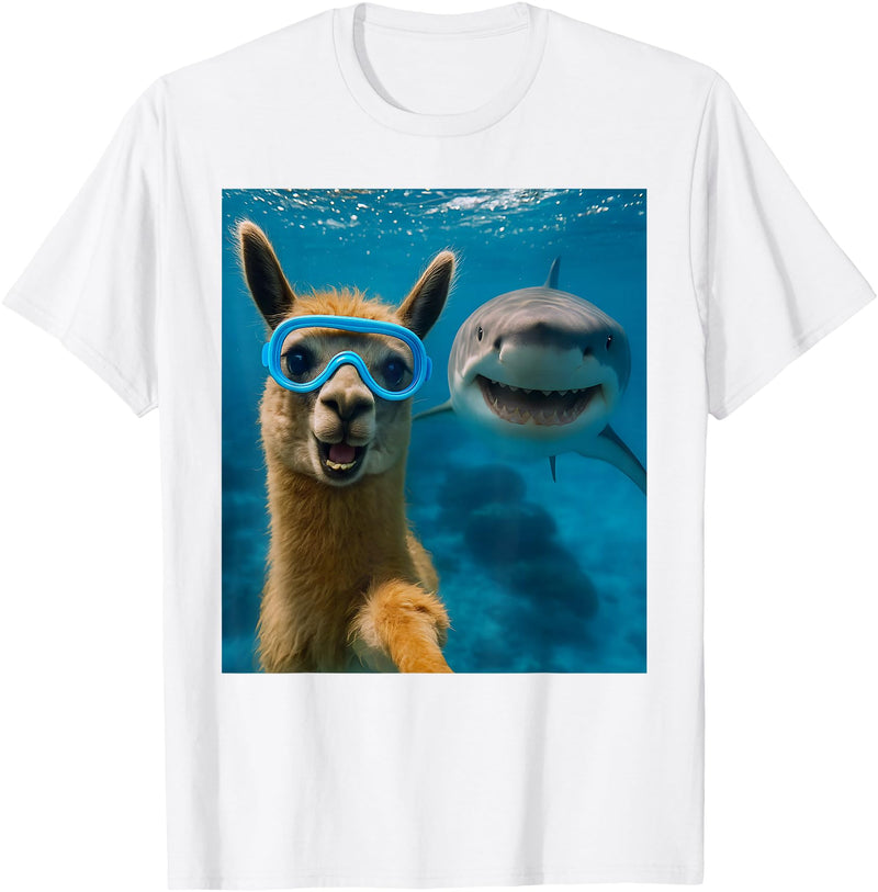 Selfie Llama and Shark Summer Scuba Diving Funny Llama Selfie with Shark Ocean Lovers T-Shirt - White
