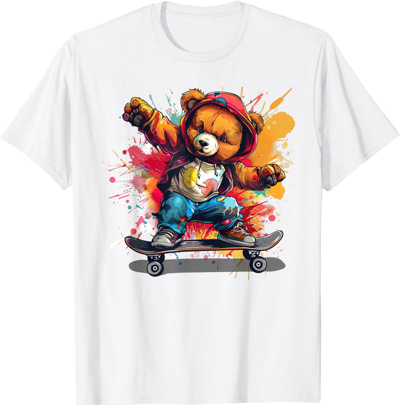 Cool Teddy with skateboard Colourful Splash with Skateboard Teddy Bear Outfit T-Shirt - White