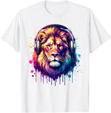 Funny Animal With Headphones Lion With Headphones T-Shirt - White