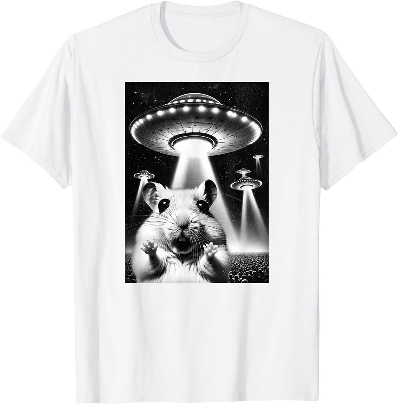 Hamster UFO | Funny Invasion Meme Alien Hamster UFO Selfie T-Shirt - White