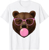 Bear Face Wearing Glasses Apparel For Women ladies Cute Bear Face Eating Gum and Makes Bubble Funny Bears Women T-Shirt - White