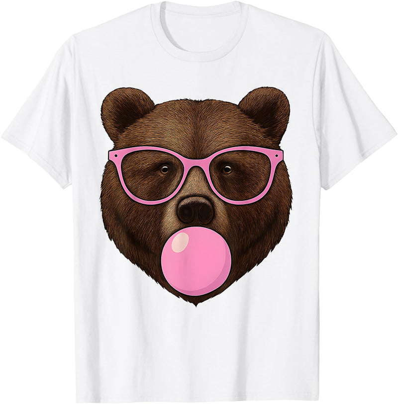 Bear Face Wearing Glasses Apparel For Women ladies Cute Bear Face Eating Gum and Makes Bubble Funny Bears Women T-Shirt - White