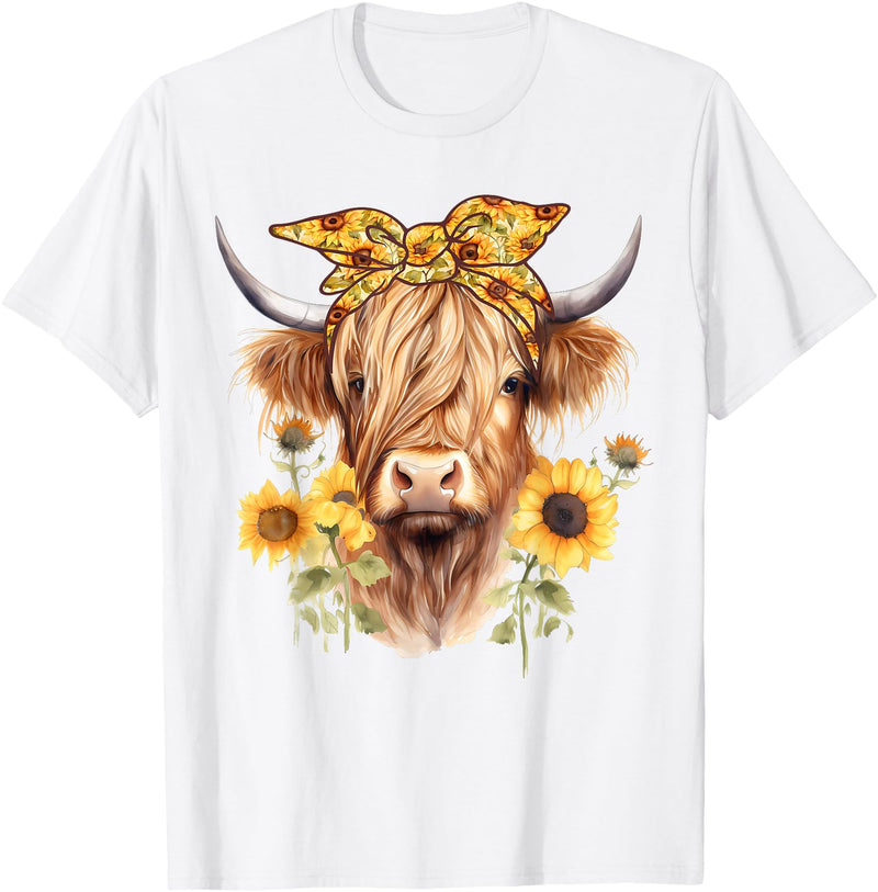 Kala Floral Highland Cow Designs Cute Scottish Highland Cow Wearing Sunflower Bandana Heifer T-Shirt - White