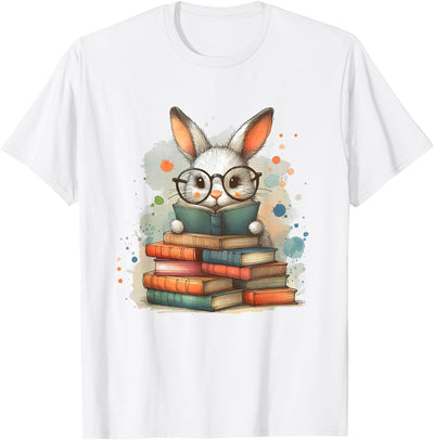 Bunny with Glasses Reading Books Watercolor T-Shirt