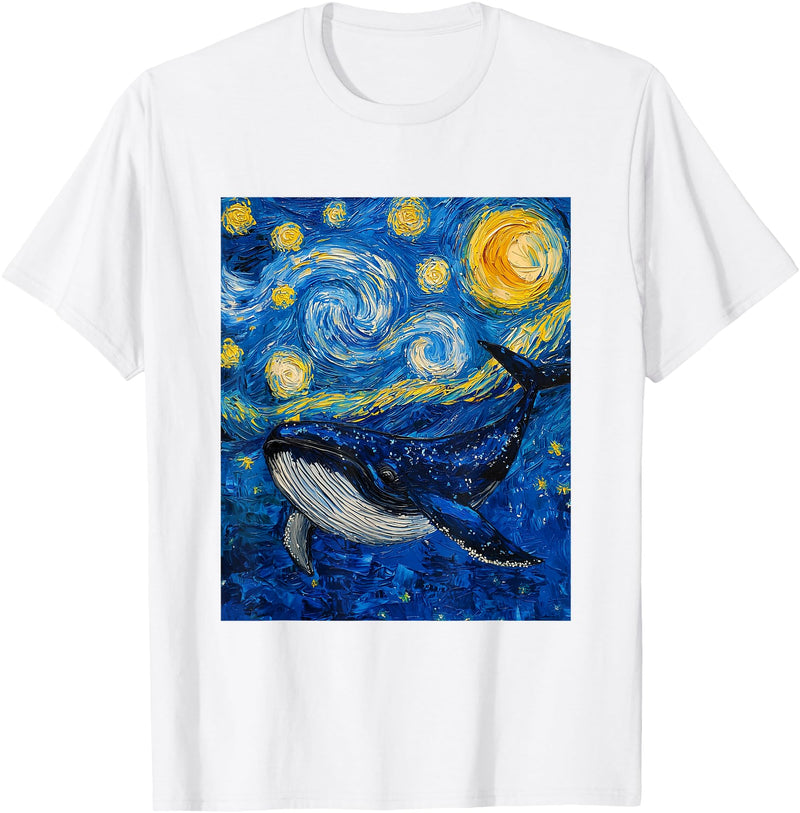 Whale Designs. Whale Fish Van Gogh Style Starry Night Sea Graphic T-Shirt - White