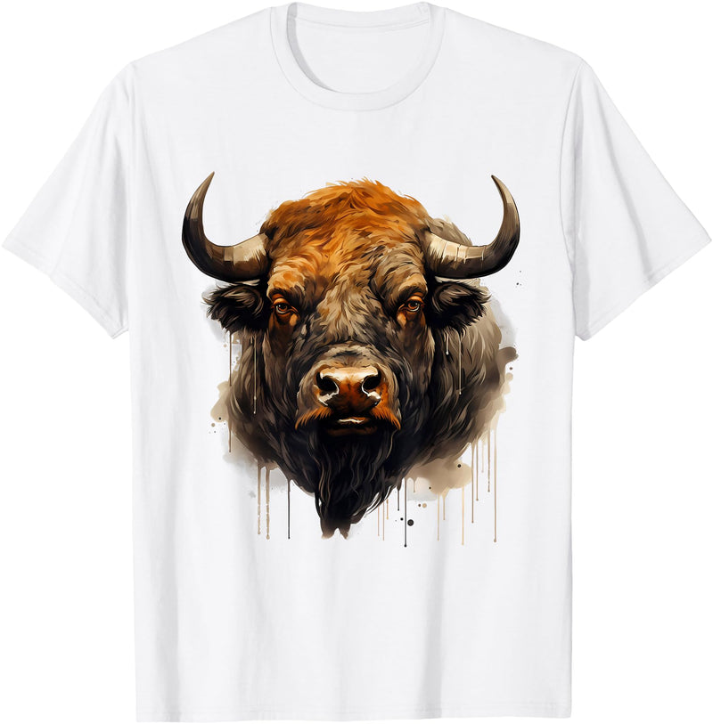 Safari Animal Art Buffalo Animal Print Portrait Bison Nature Artwork T-Shirt - White