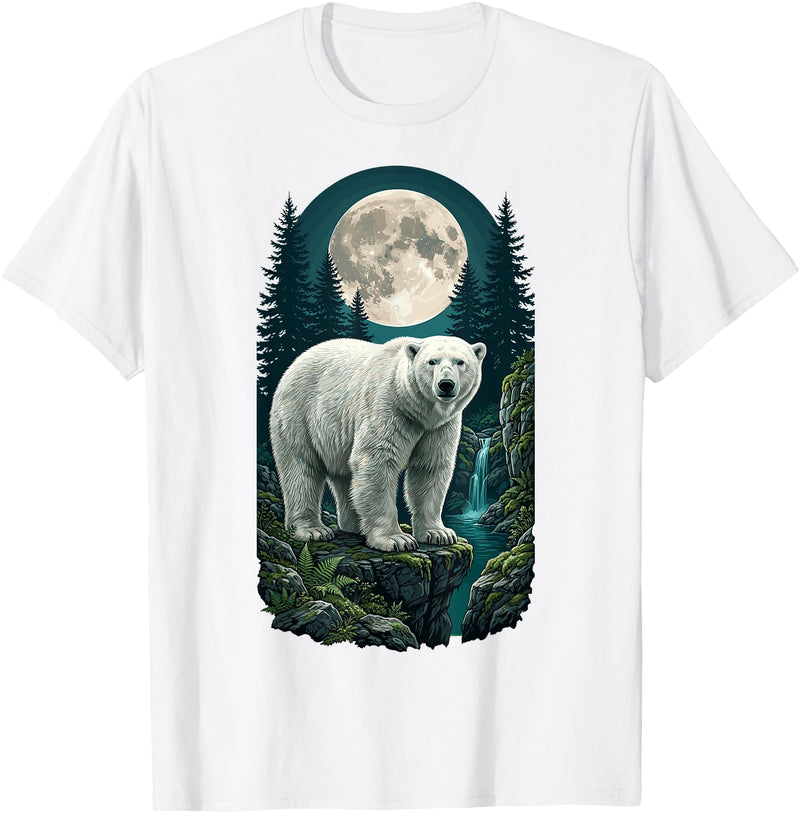 Polar Wilderness Fan Wildlife Lover Polar Bear Full Moon Night Forest Wildlife Nature Lover T-Shirt - White