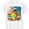 Funny Llama Popsicle Summer Ice Cream Rainbow Drip Funny Llama Eating Popsicle Summer Beach Animal Sunglasses T-Shirt - White