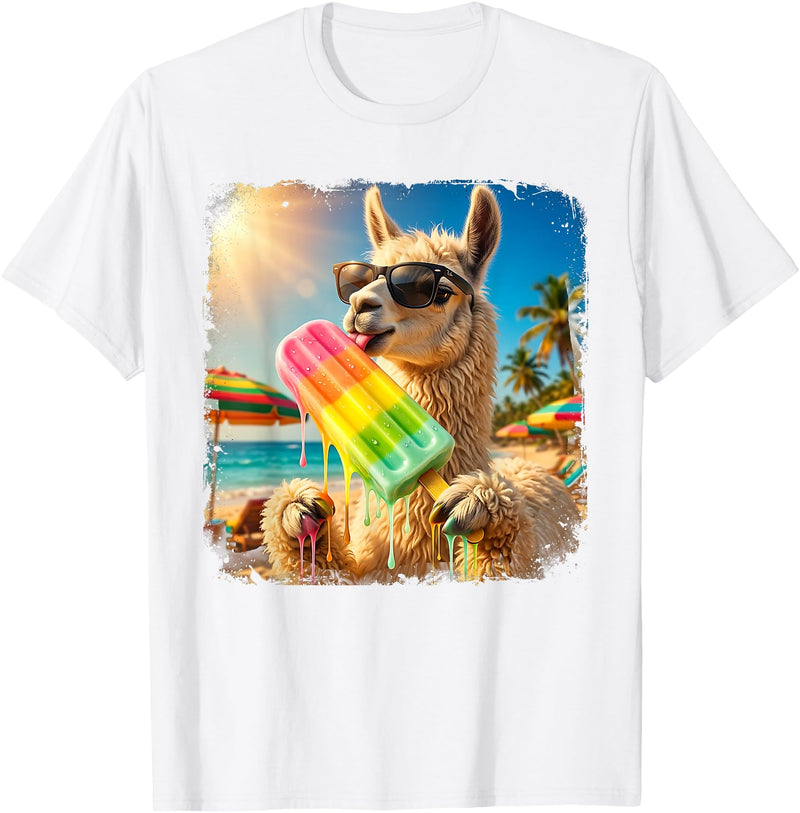 Funny Llama Popsicle Summer Ice Cream Rainbow Drip Funny Llama Eating Popsicle Summer Beach Animal Sunglasses T-Shirt - White