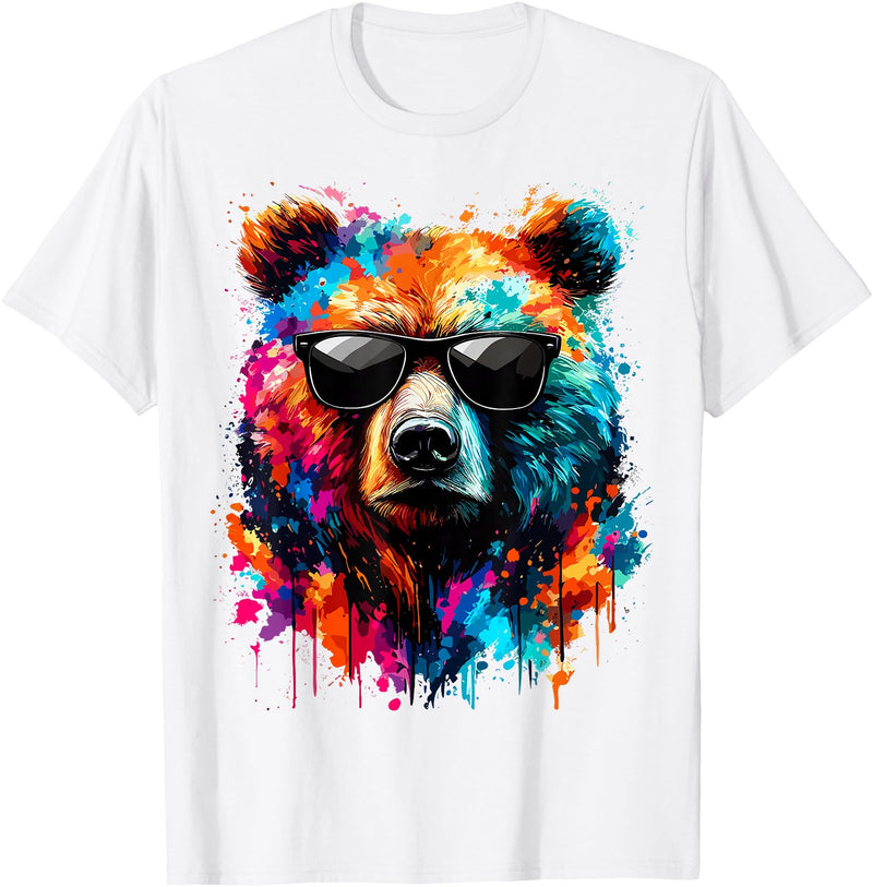 Funny Colorful Bear Lover Wildlife Colourful Bear with Sunglasses T-Shirt - White