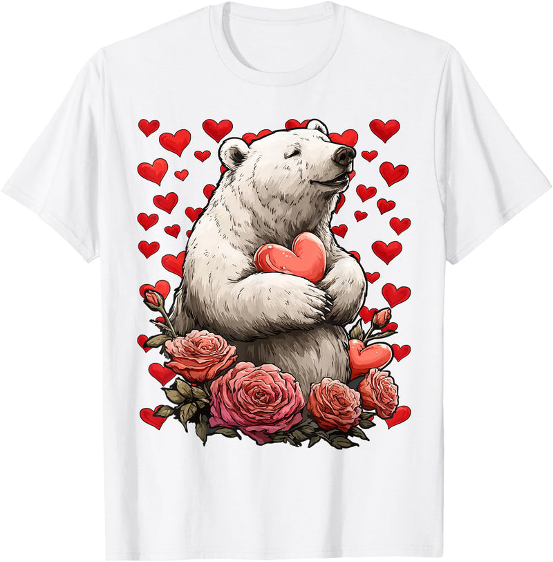 Romantic Animals Valentine’s Day Presents Cute Polar Bear with Red Roses Hearts Valentine’s Day Animal T-Shirt - White