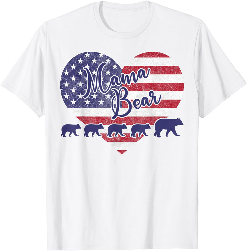 Mama Bear 4th of July Shirt 4 Cubs USA Flag Heart T-Shirt - White