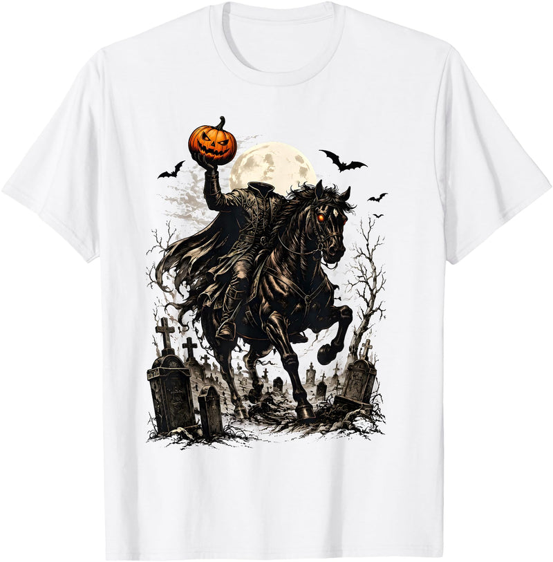 Midnight Horseman Gothic Halloween Vintage Headless Horseman Pumpkin Rider Haunted Halloween T-Shirt - White
