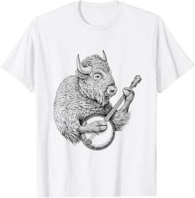 Cow Bison Buffalo Retro Bison Animal Playing Banjo T-Shirt