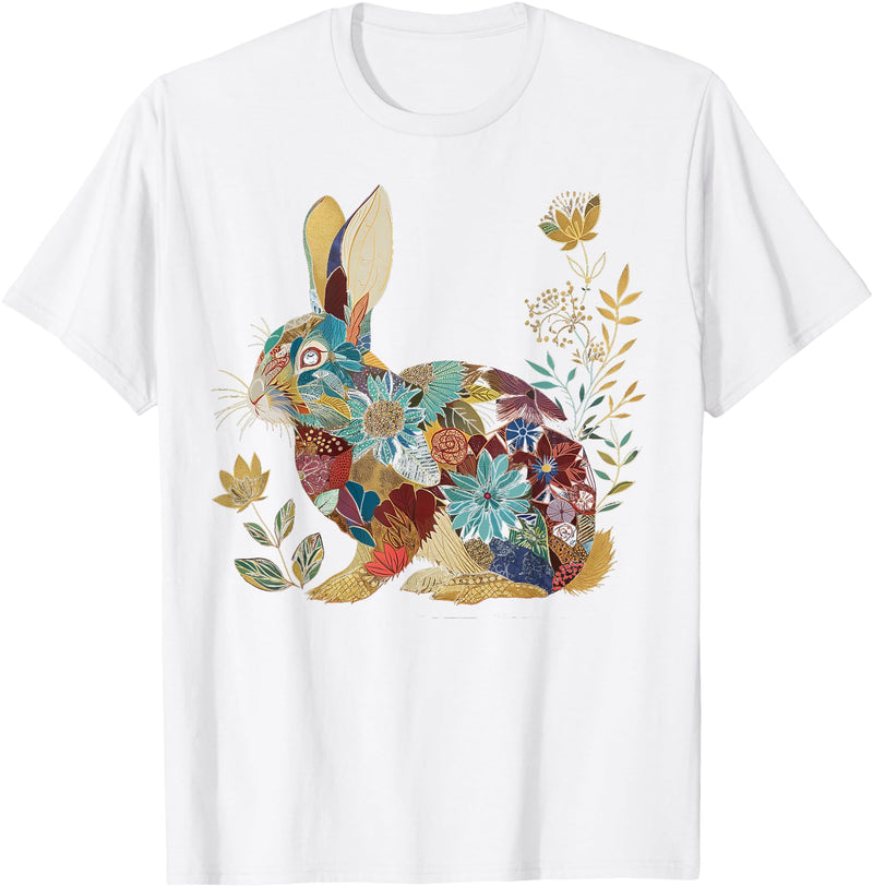 Bunny Floral Rabbit Colourful Flowers Easter Vintage Cute T-Shirt in White