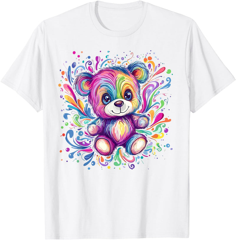 Vibrant Colorful Teddy Bear Illustration Rainbow Splash Teddy Bear T-Shirt - White