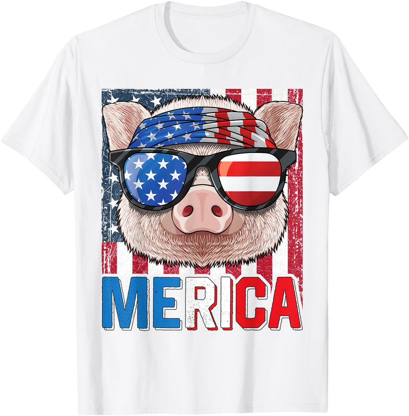 4th of July Animals Pig Merica 4th of July American Flag USA Farmer Swine Piggy T-Shirt - White