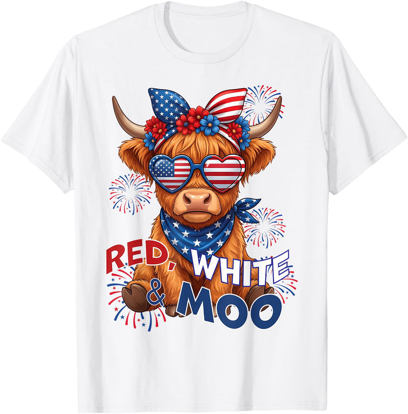 Red White Moo Patriotic Highland Cow 4th July Red White and Moo Highland Cow 4th July 250 Years Patriotic T-Shirt - White