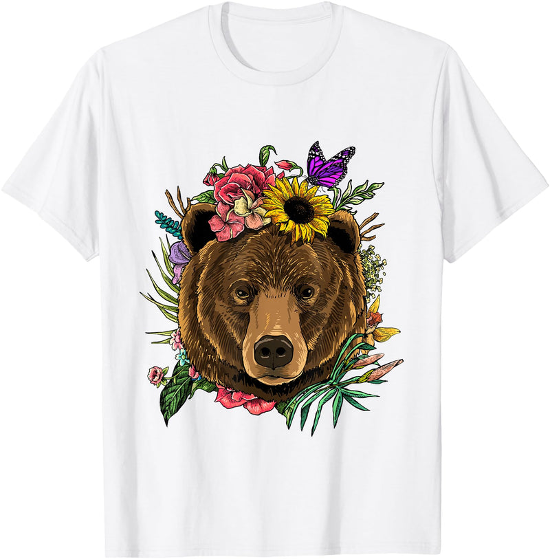 Wowsome! Bear Shirt Nature Floral Grizzly Bear Face Animal Bear Lover T-Shirt - White