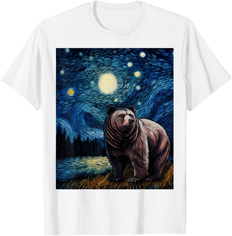 Starry Night Wildlife Graphic Grizzly Bear Van Gogh Starry Night Grizzlies Animal T-Shirt - White
