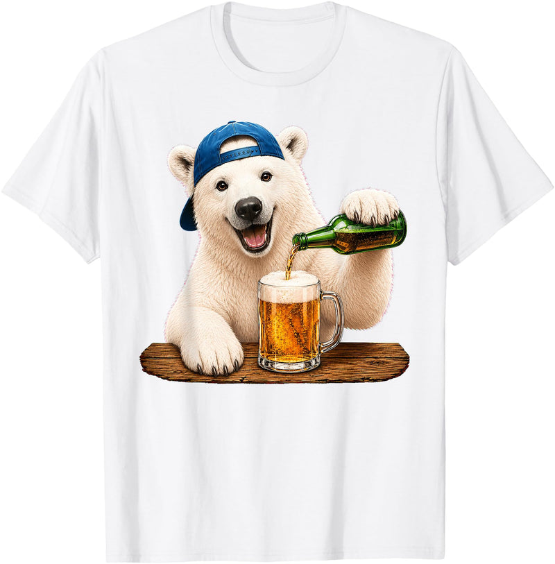 Funny Polar Bear Beer Happy Apparel Polar Bear Drinking Beer Funny Animal Meme Lovers Men Women T-Shirt - White