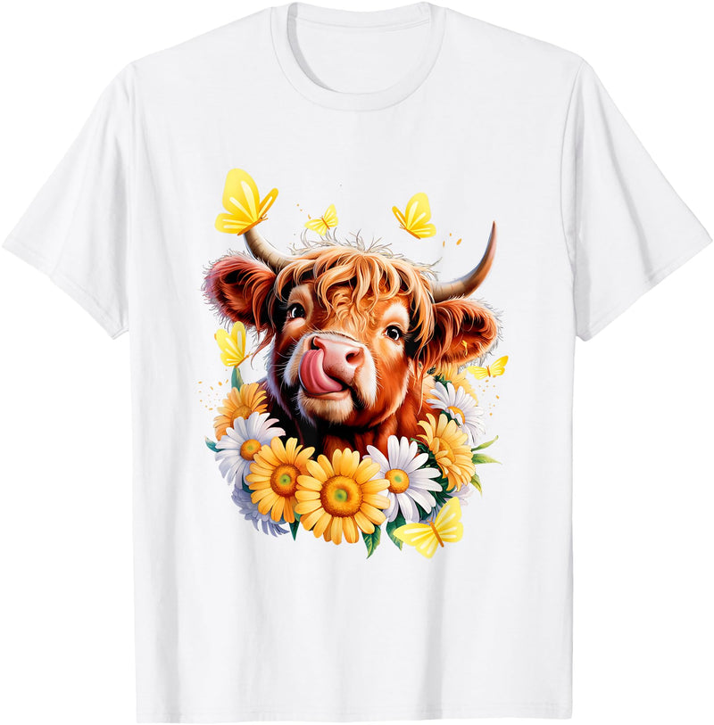Highland Cow Sunflower Daisies Butterflies Western Animal T-Shirt - White
