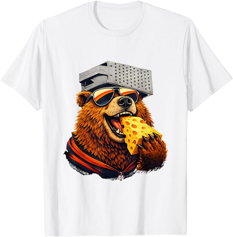 Retro Bear with Cheese for Boys Funny Animal humor Retro Bear Eating Cheese with a Grater Hat T-Shirt - White