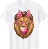 Magical and Funny Lion Gifts Lion with Bubble Gum and Pink Bow T-Shirt - White
