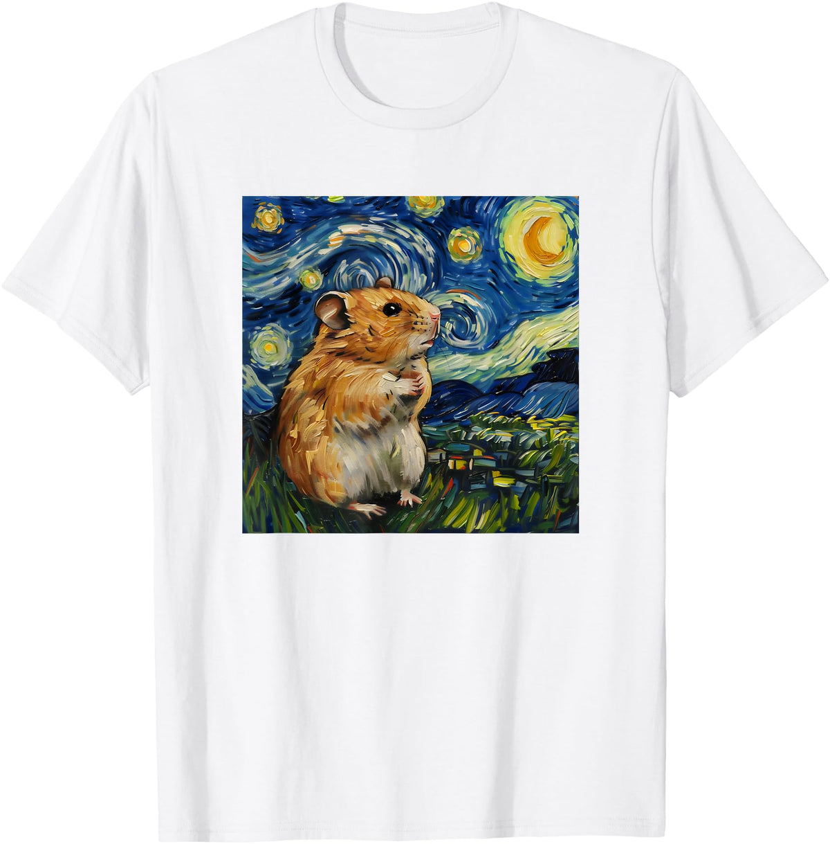 Cute Van Gogh Hamster Starry Night Funny Women & Men T-Shirt - White