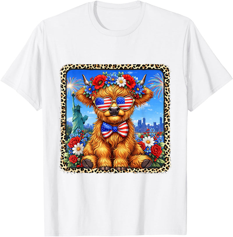 4th of July Apparel 4th of July Cow Patriotic Heart Glasses USA Floral Leopard T-Shirt - White