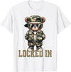 Boys & Mens Camouflage Teddy Bear Streetwear Gear Camo Hip Hop Teddy Bear Locked In Saying Hustle Money Grind T-Shirt - White