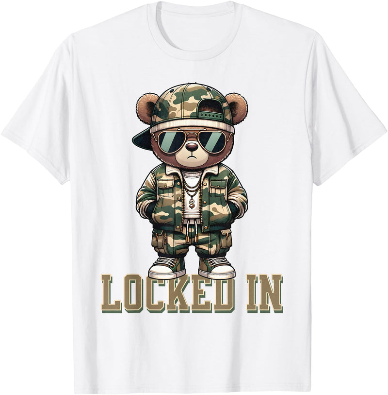 Boys & Mens Camouflage Teddy Bear Streetwear Gear Camo Hip Hop Teddy Bear Locked In Saying Hustle Money Grind T-Shirt - White