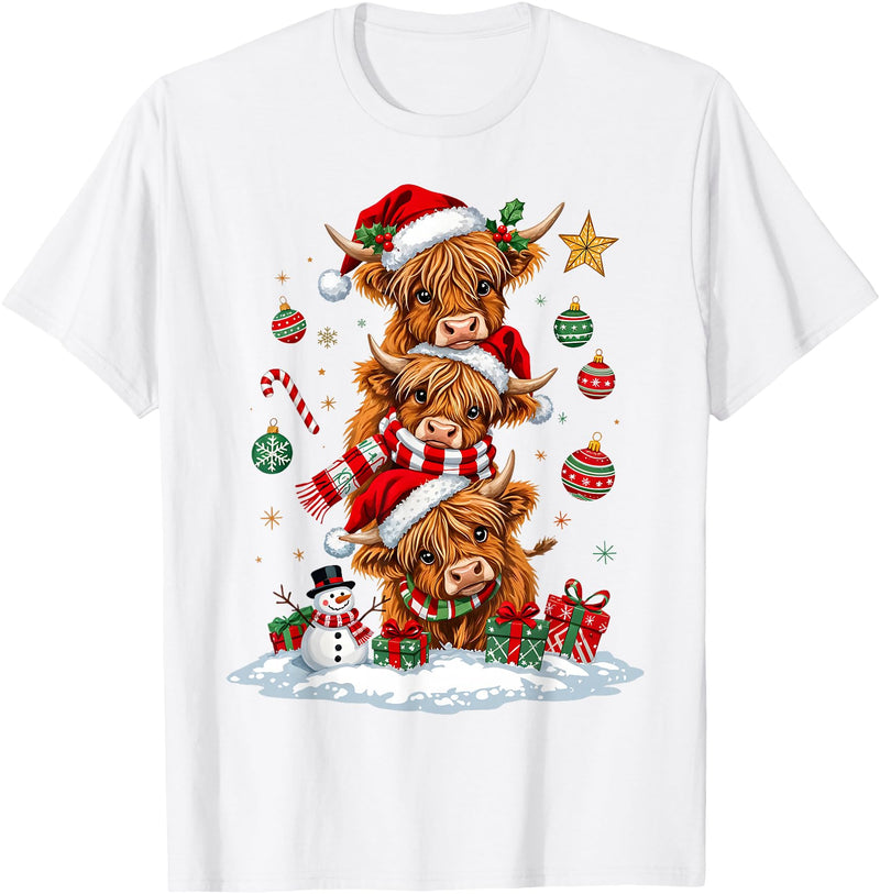 Highland Cow Christmas Winter Tree Farm Women Girl Funny Xmas Merry Moo Cows Highland Cow Christmas Snowman T-Shirt - White