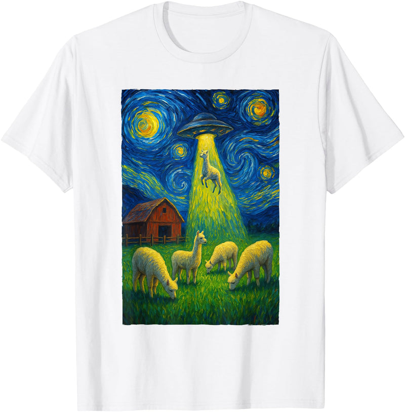 Farming UFO Llama Starry Night Painting Design Llama Alien UFO Abduction Starry Night Farmers T-Shirt - White
