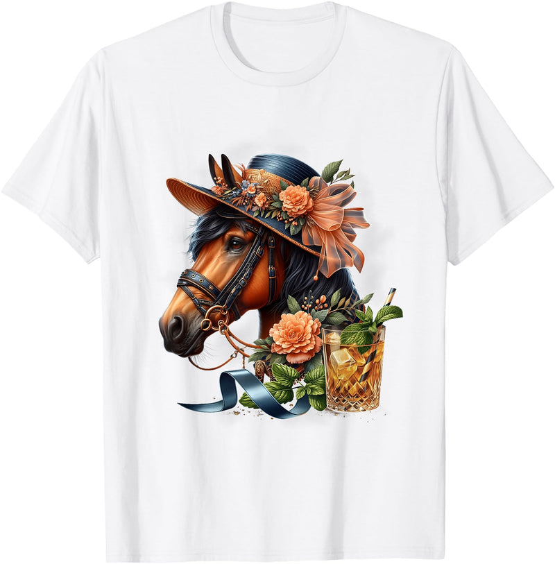 Horse Derby Party Mint Julep Cocktail Floral Hat Racing T-Shirt - White