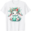 Easter Bunny with Flower Crown Girls Women Floral Cute T-Shirt in White