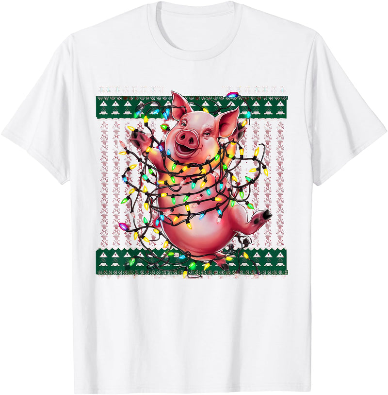 Christmas Sweater Tshirt For Men Women Santa Claus Christmas Family Xmas Ugly Christmas Outfit Merry Pig T-Shirt - White