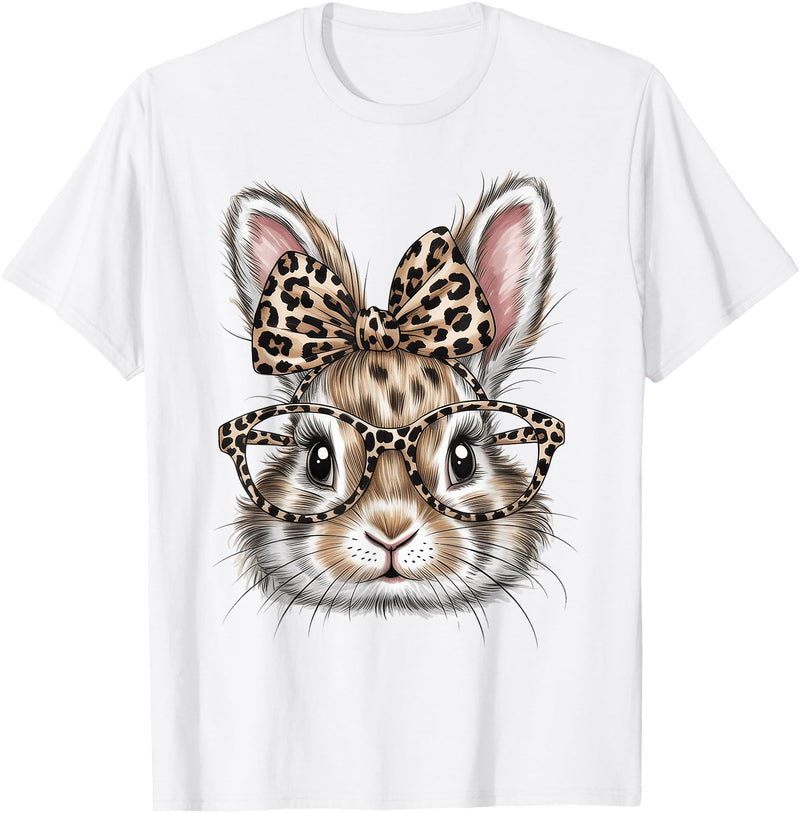 Bunny Face Glasses Bandana Leopard Rabbit Happy Easter T-Shirt in White
