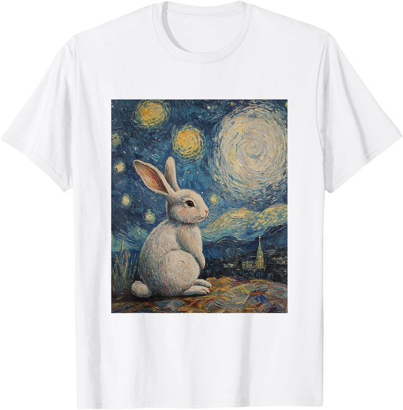 Bunny Rabbit Van Gogh Style Starry Night Cute Graphic T-Shirt (Black) in White