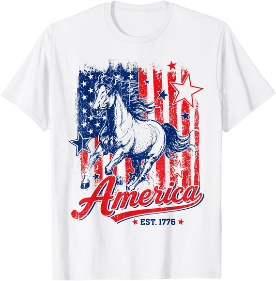 250 Years America Anniversary 1776 2026 USA Horse America Est 1776 250 Years Legacy of Freedom Horse USA Flag T-Shirt - White