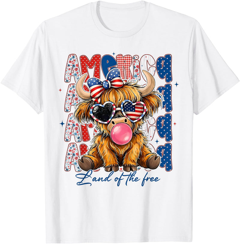 Patriotic Highland Cow Land of The Free Women Girl Highland Cow 4th July American Flag Coquette Bow Floral T-Shirt - White