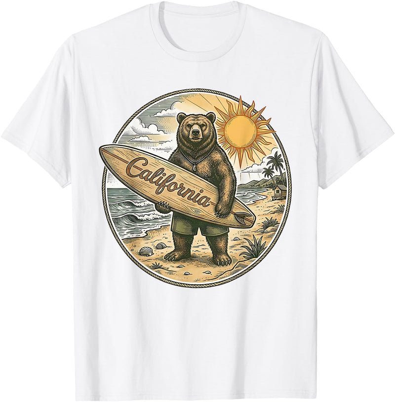 Retro Coastal Surf Bear Vintage Beach Apparel Vintage California Surf Bear Beach Retro Coastal Summer T-Shirt - White