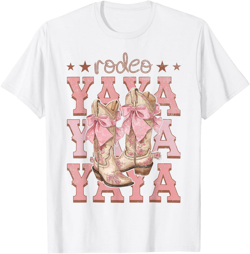 Country CowGirl Western Family Matching Rodeo Yaya Pink Boots Coquette Cow-Girl Birthday Party T-Shirt - White
