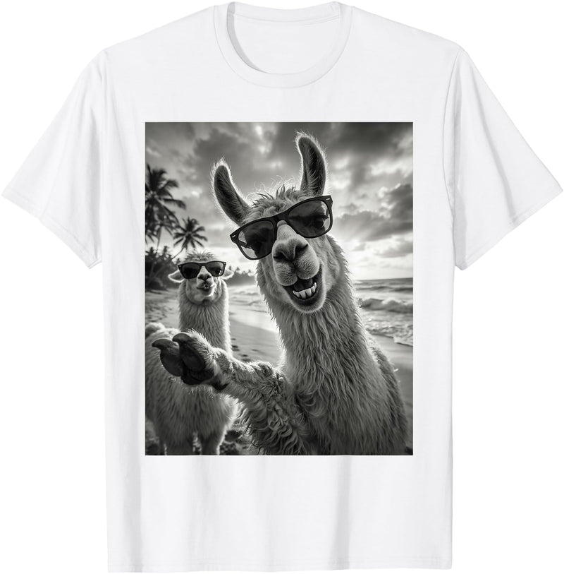 Funny Llama Stuff Accessories & Gifts Cool Llama Selfie At The Beach, Cute Llamas Alpaca T-Shirt - White